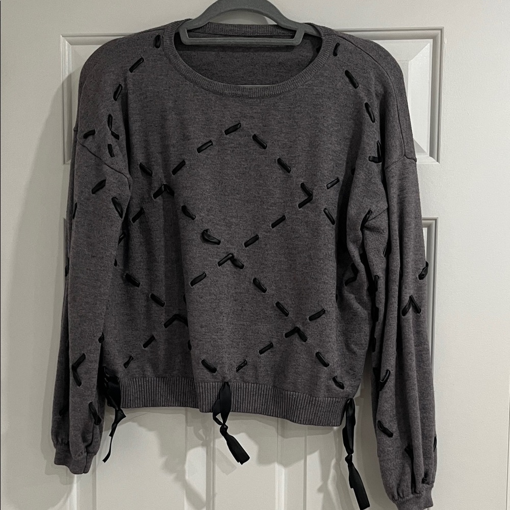 Gray Women's Sweater with Black Faux Leather Ribbon
